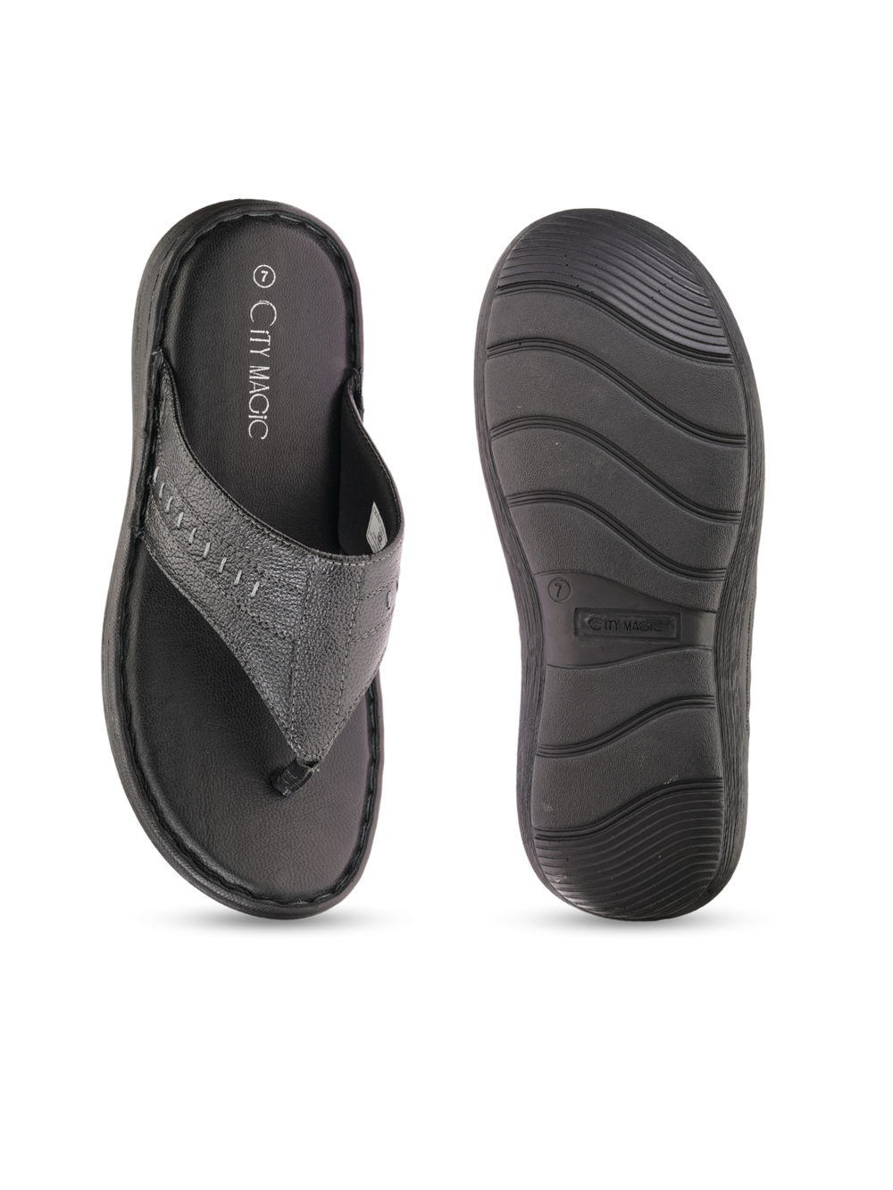 City Magic Black Genuine Leather Thong Slipper For Men Cmm041010 C001