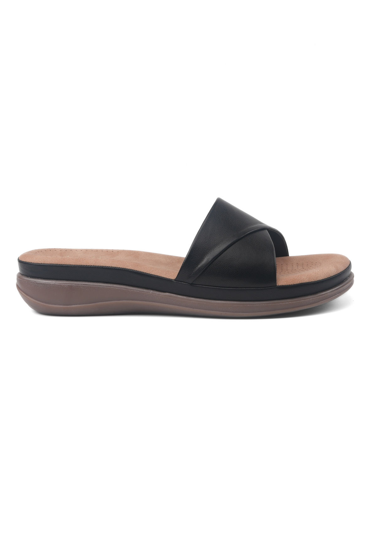 Black sandal with a brown sole on a white background