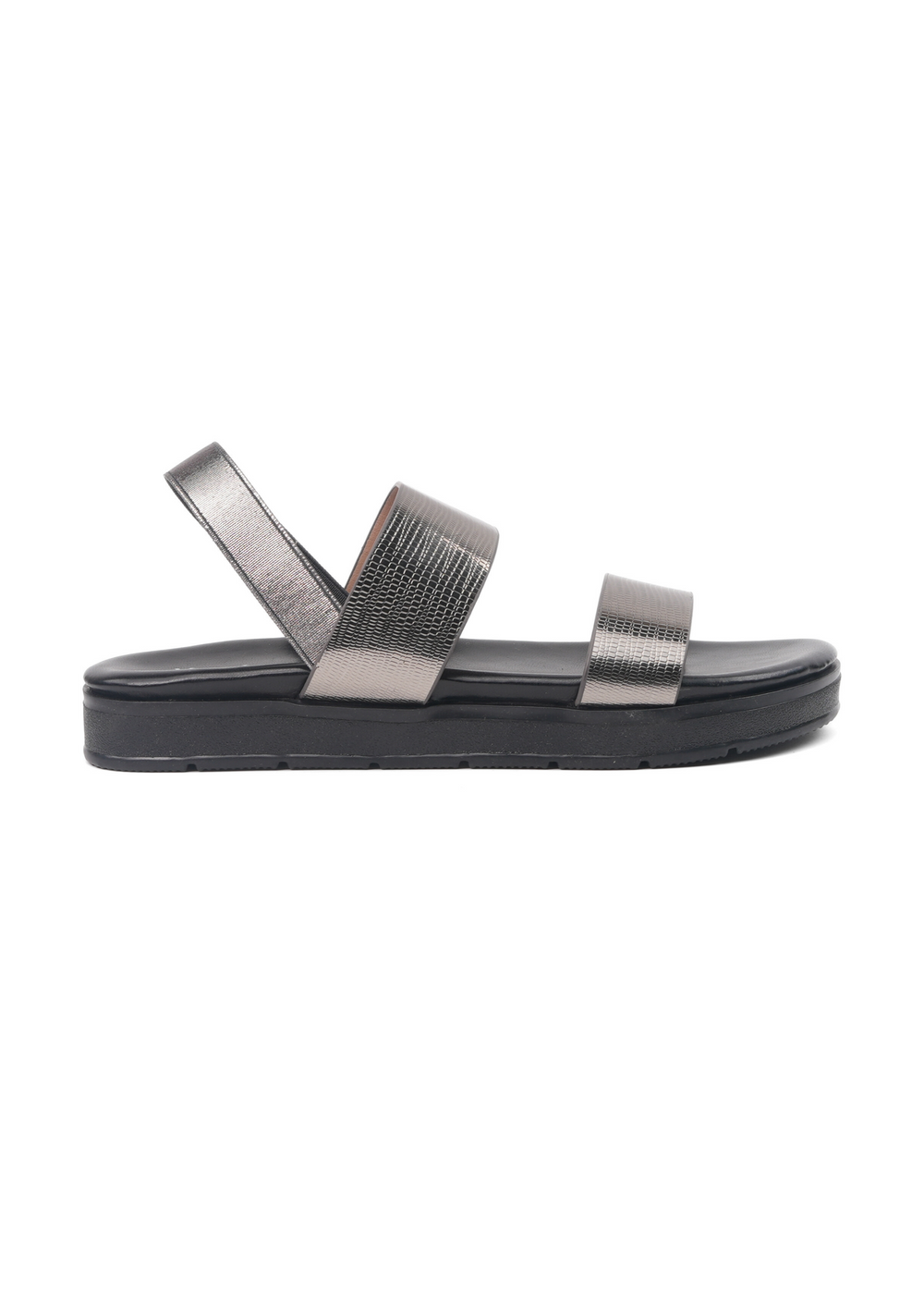Black sandal with metallic straps on a white background