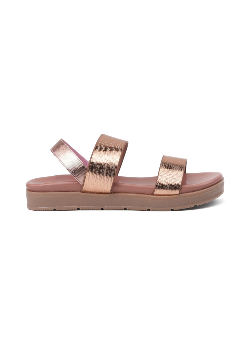 Pink sandal with metallic straps on a white background