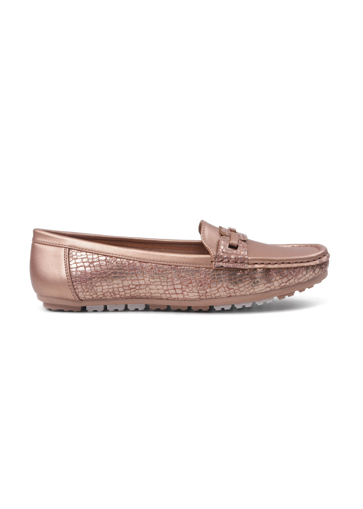 Rose gold loafers on a white background