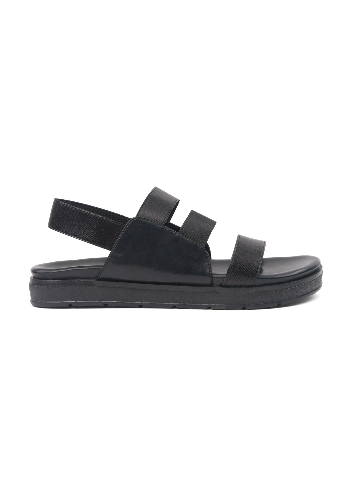 Black sandal with multiple straps on a white background