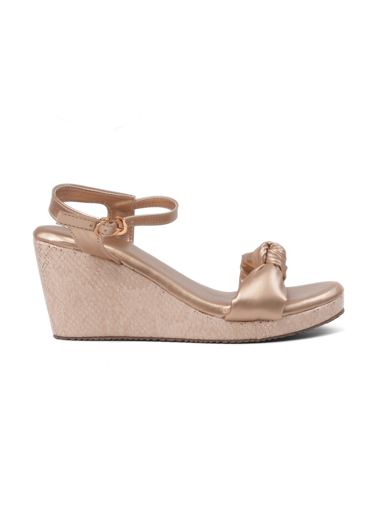 Rose gold wedge sandal on a white background