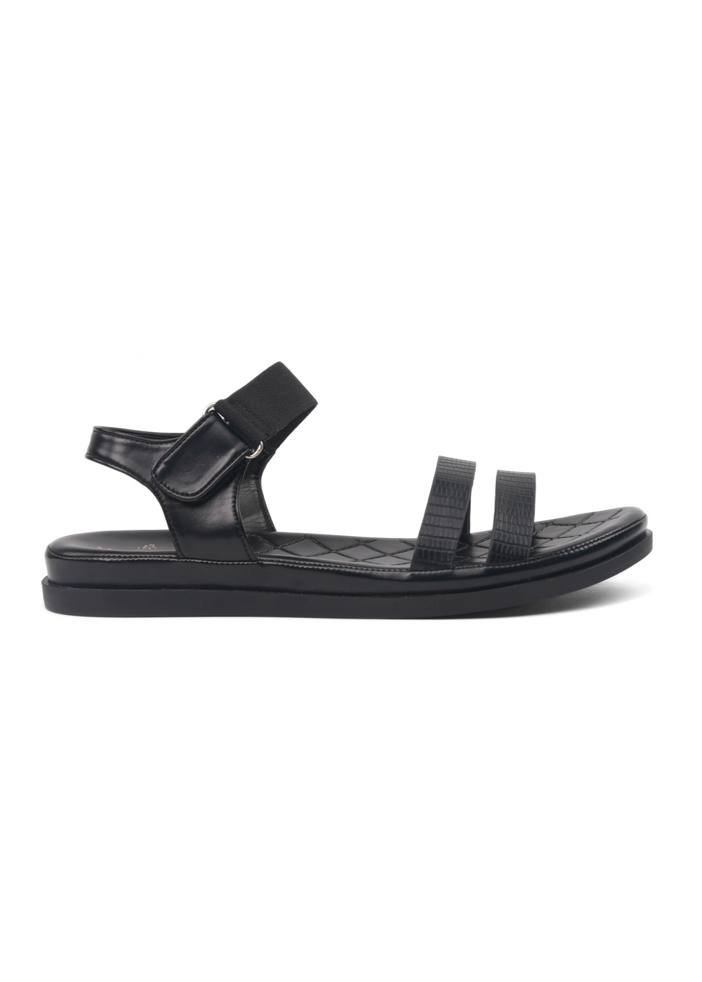 Black sandal with multiple straps on a white background