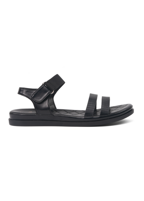 Black sandal with multiple straps on a white background