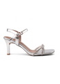 Silver high-heeled sandal with strap on a white background