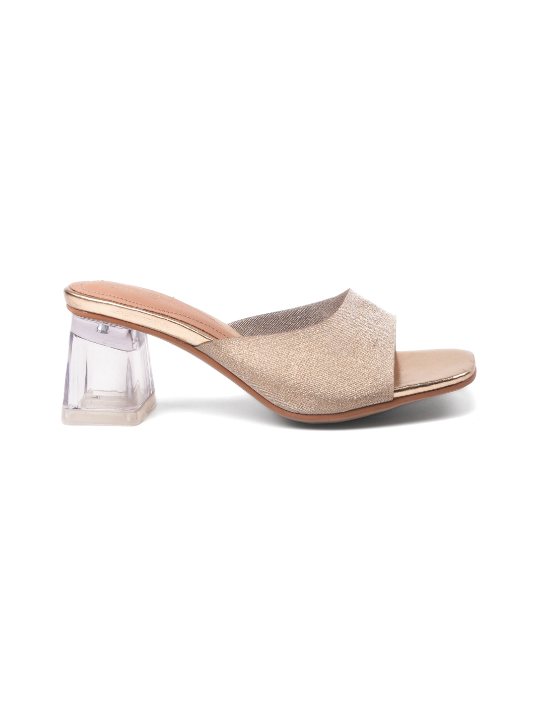 Beige sandal with clear heel on a white background