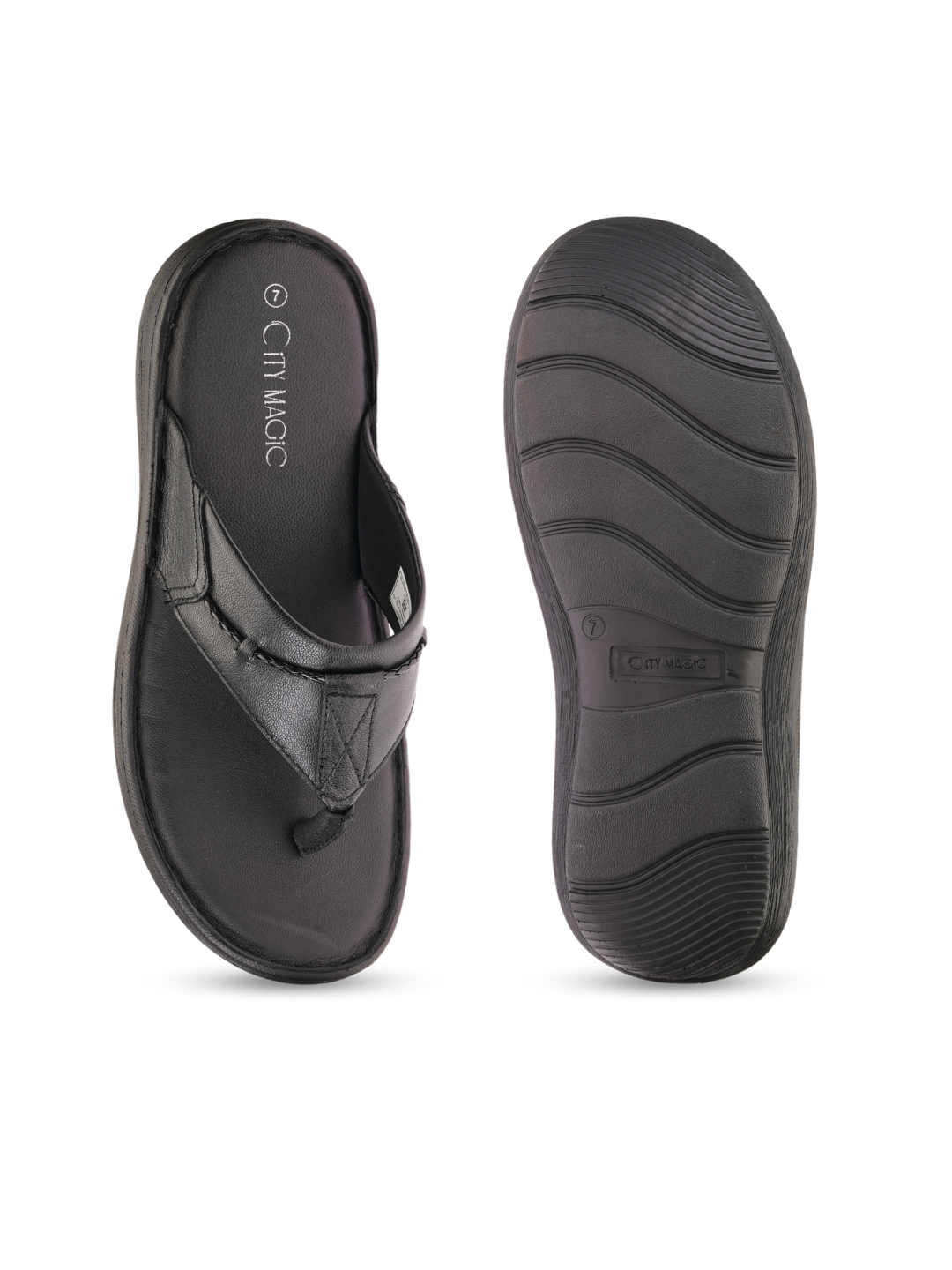 City Magic Black Genuine Leather Thong Slipper For Men Cmm041009 C001