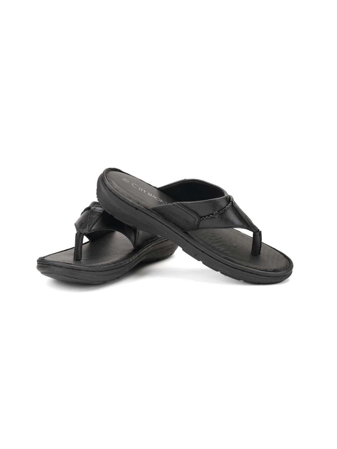 City Magic Black Genuine Leather Thong Slipper For Men Cmm041009 C001