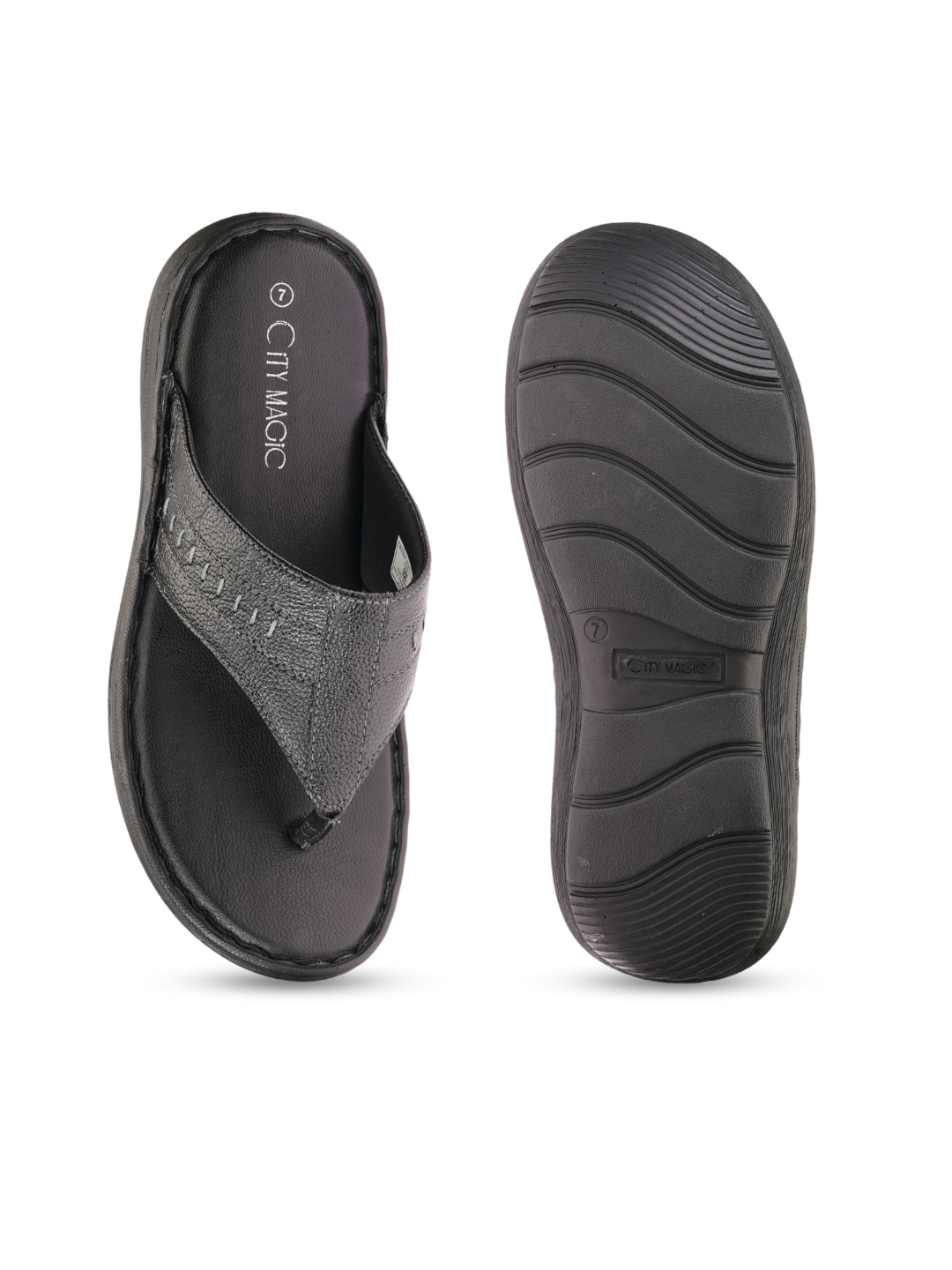 City Magic Black Genuine Leather Thong Slipper For Men Cmm041010 C001