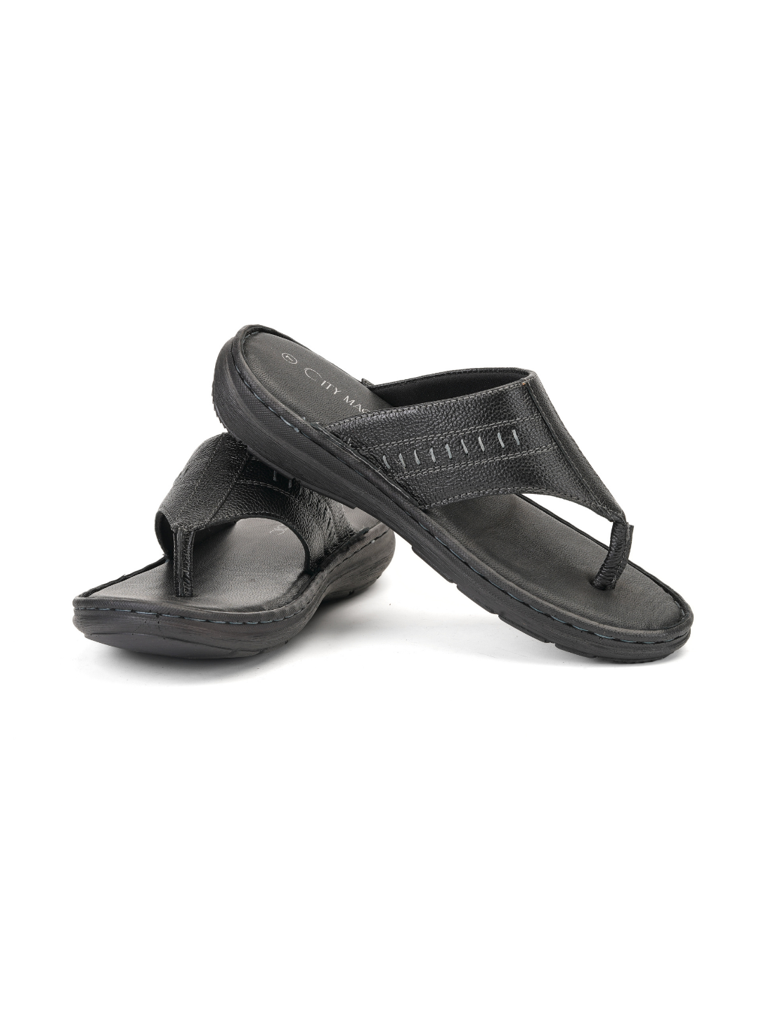 City Magic Black Genuine Leather Thong Slipper For Men Cmm041010 C001