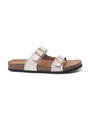 White sandal with brown sole on a white background