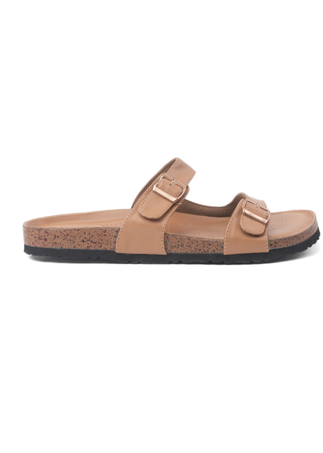 Tan sandal with double buckle on a white background