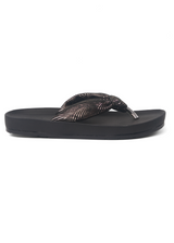 Black sandal with a decorative strap on a white background