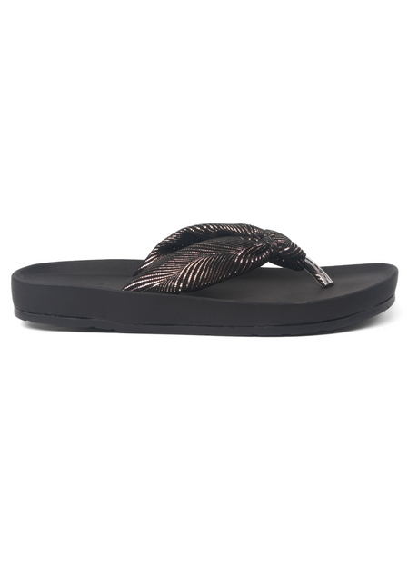Black sandal with a decorative strap on a white background