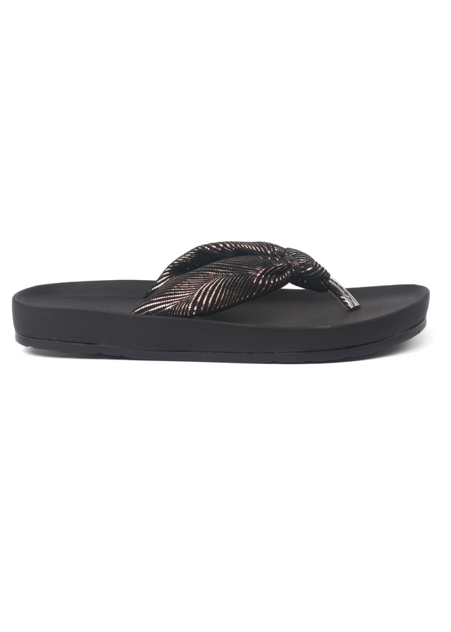 Black sandal with a decorative strap on a white background
