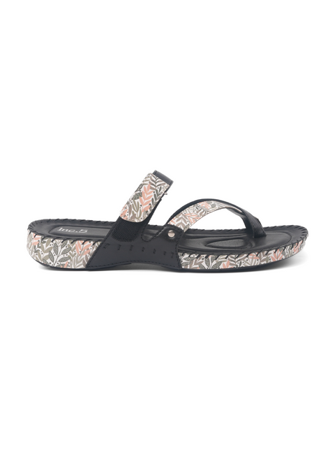Black sandal with floral pattern on a white background