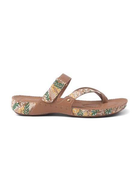 Brown sandal with floral pattern on a white background