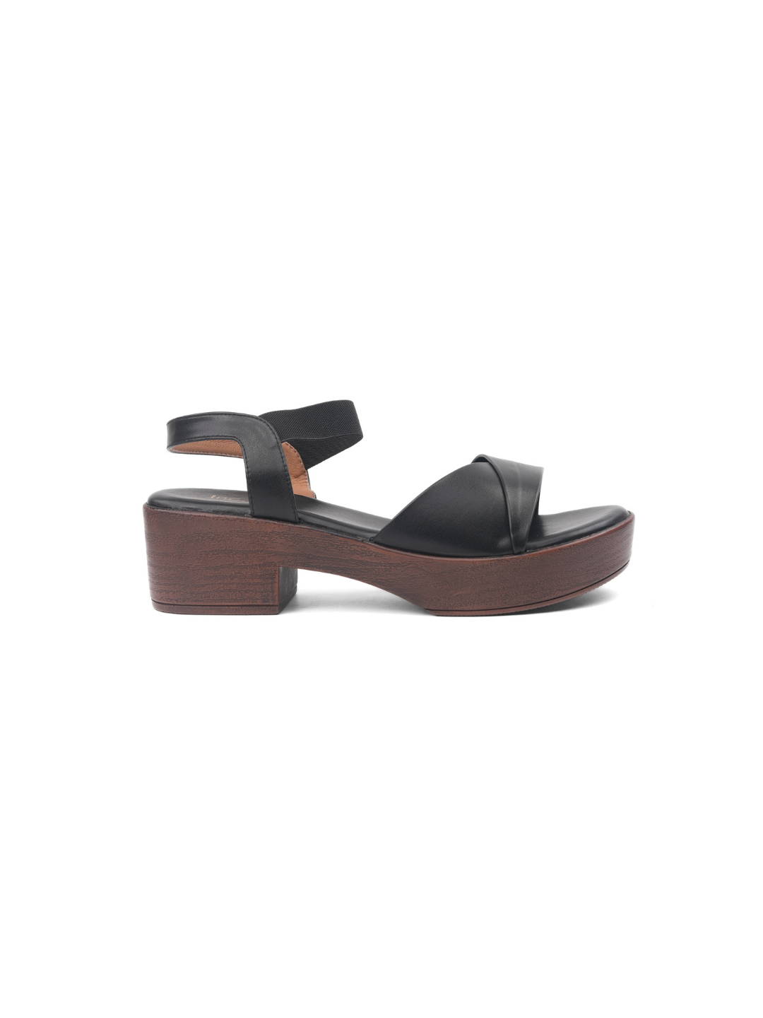 Black sandal with wooden heel on a white background