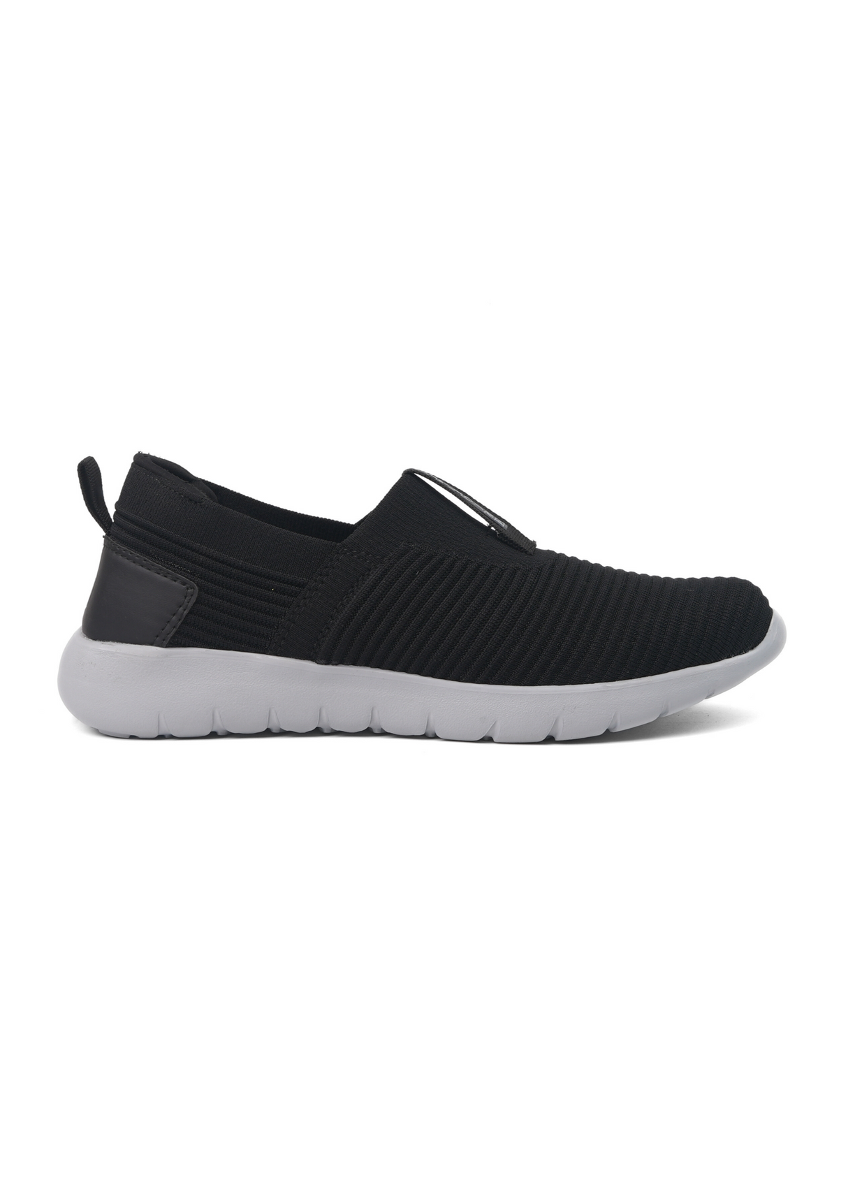 Black slip-on sneaker with white sole on a white background