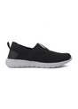 Black slip-on sneaker with white sole on a white background