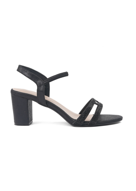 Black sandal with a block heel on a white background