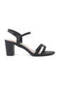 Black sandal with a block heel on a white background